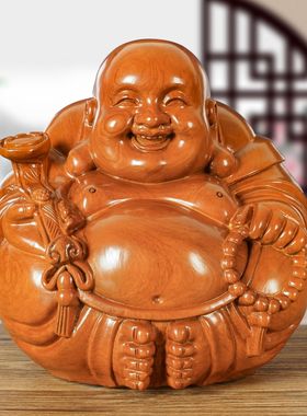 红花梨木雕大肚弥勒实木摆件客厅装饰品实木大肚笑佛一团和气定制