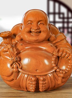 香樟木雕刻大肚弥勒实木摆件客厅装饰实木质大肚笑佛一团和气定制