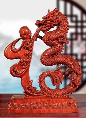花梨木风水用绿色福龙摆件实木生肖龙家居客厅办公室装饰摆设开业
