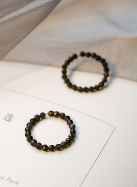 3mm极细黑曜石珠子指环女复古风个性设计戒指男招财转运珠水晶