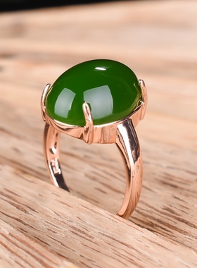 真玉天然和田玉碧玉戒指女款925银镶菠菜绿玉石玉器指环礼物指环