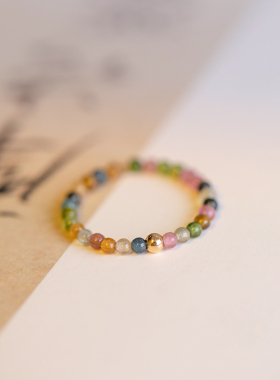 极细2毫米彩虹碧玺戒指女原石14k包金西瓜彩色水晶秋冬指环转运珠