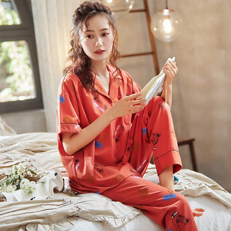 女士纯棉短袖七分裤印花拉架棉睡衣 姵娇兰睡衣/家居服套装