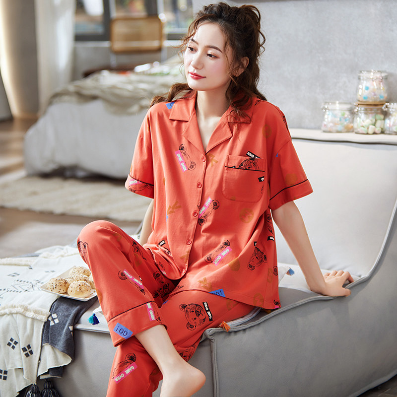 女士纯棉短袖七分裤印花拉架棉睡衣 姵娇兰睡衣/家居服套装