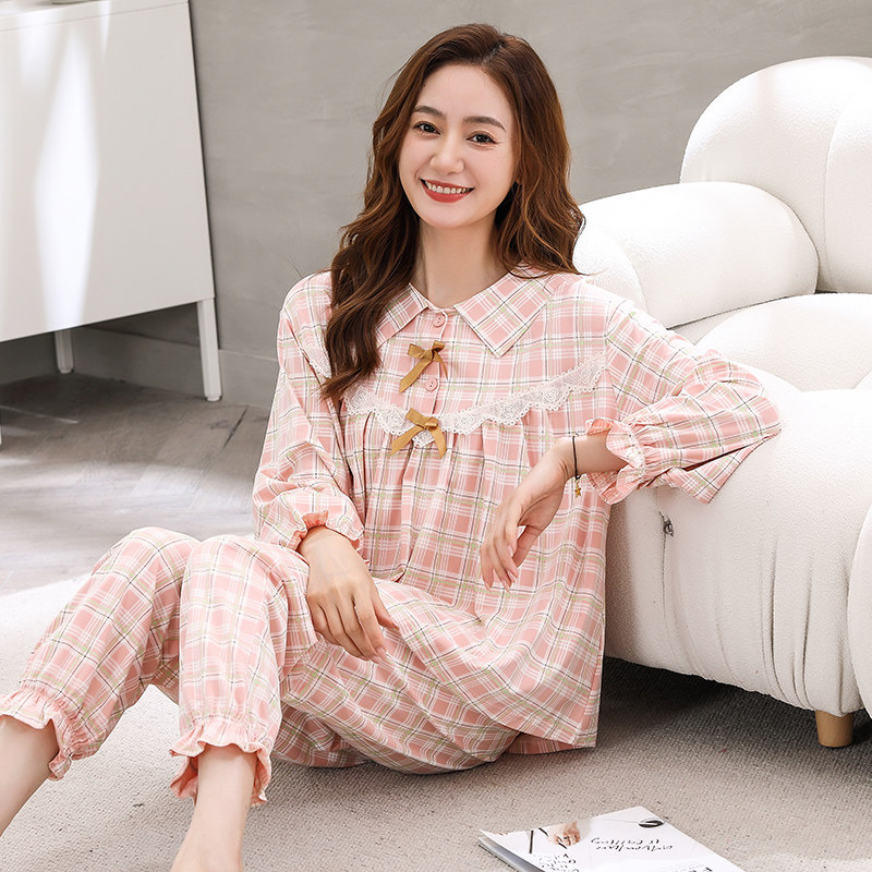 新款春秋季纯棉长袖可外穿格子睡衣 姵娇兰睡衣/家居服套装