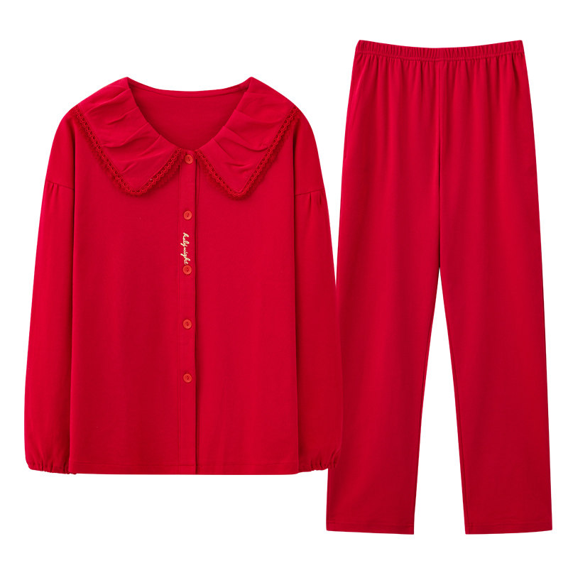 春秋季长袖喜庆甜美风红色纯棉睡衣 姵娇兰睡衣/家居服套装