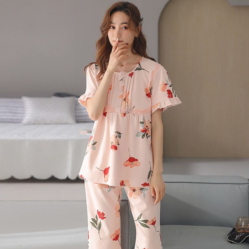 新款女士纯棉短袖7分裤中年睡衣 姵娇兰睡衣/家居服套装