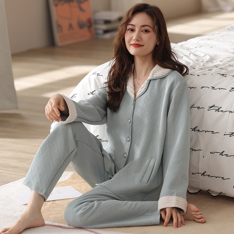 秋冬季纯棉夹层加棉开衫长袖睡衣 姵娇兰睡衣/家居服套装
