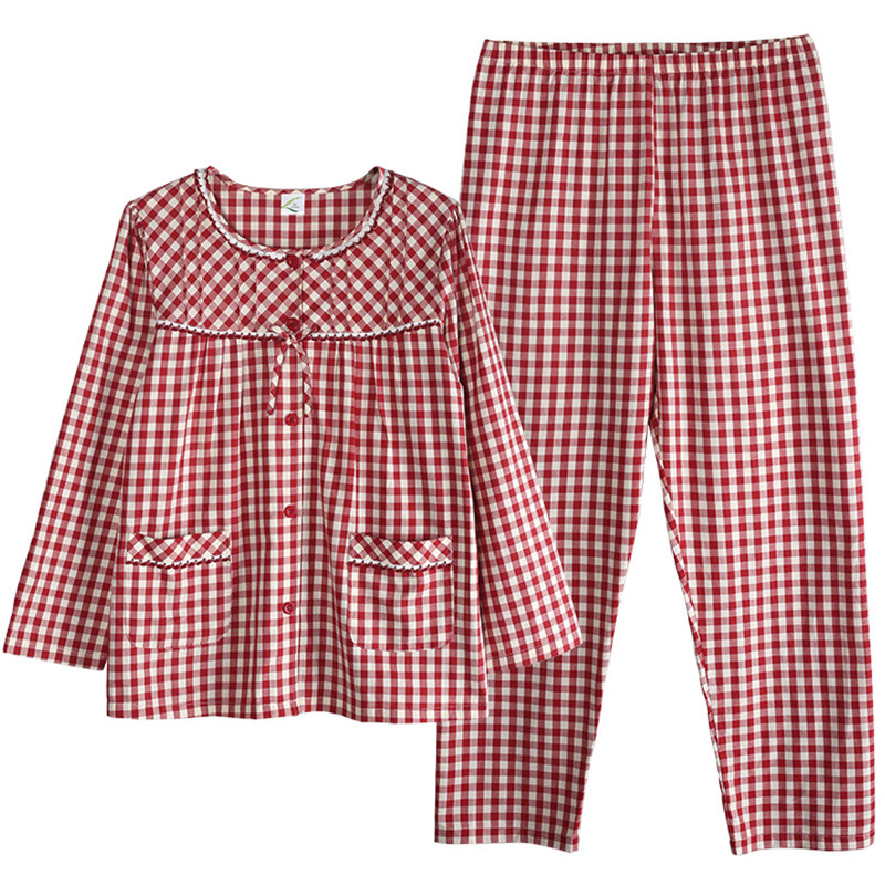 春秋款纯棉长袖休闲格子开衫睡衣 姵娇兰睡衣/家居服套装