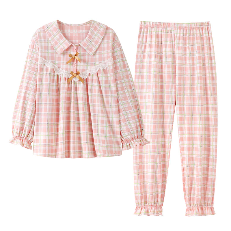 新款春秋季纯棉长袖可外穿格子睡衣 姵娇兰睡衣/家居服套装