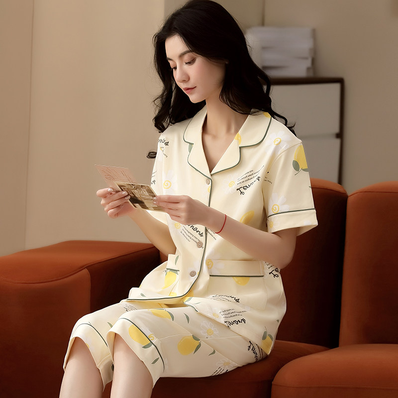 女士短袖七分裤纯棉开衫可爱睡衣 姵娇兰睡衣/家居服套装