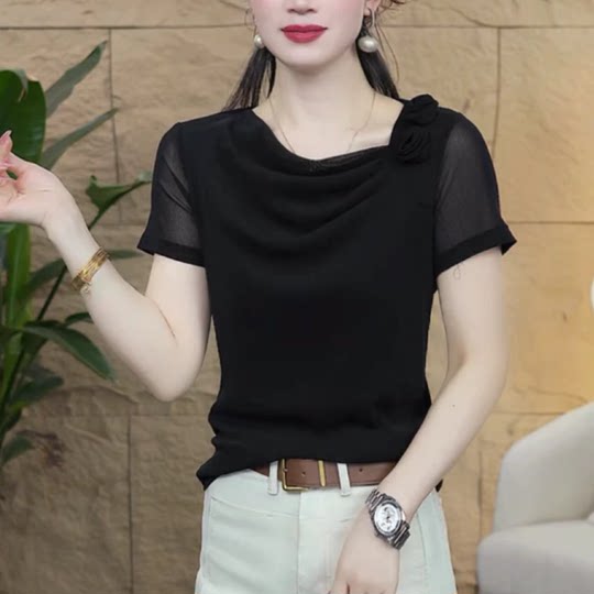 2025年夏季新款时尚堆堆领小衫女士纯色网纱t恤肩花修身短袖上衣