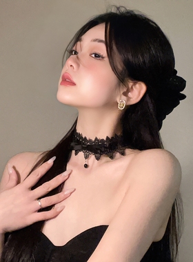 黑色项圈女颈带禁欲系蕾丝万圣节配饰化妆脖子饰品锁骨链choker