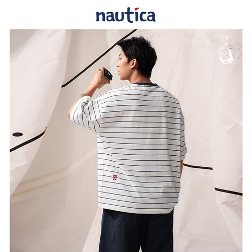 【官方正品】nautica whitesail日系笑脸印花条纹重磅短袖圆领T恤 - 图3