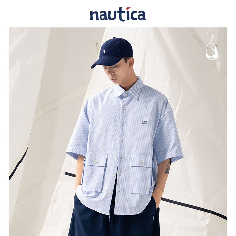 【官方正品】nautica白帆 日系中性多口袋工装条纹衬衫WW4117 - 图1