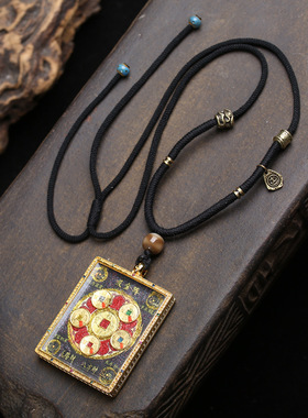 藏式文玩本命年唐卡五帝钱财库来财九尾狐吊牌毛衣链编织绳项链