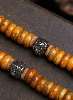 藏传回流牦牛骨药片珠108颗佛珠毛衣链红玛瑙料器三眼天珠银配饰