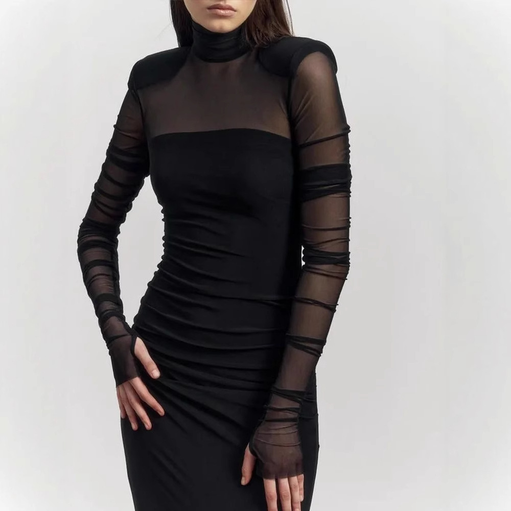 High neck waist cinching sexy dress高领长袖性感修身连衣裙女 - 图0