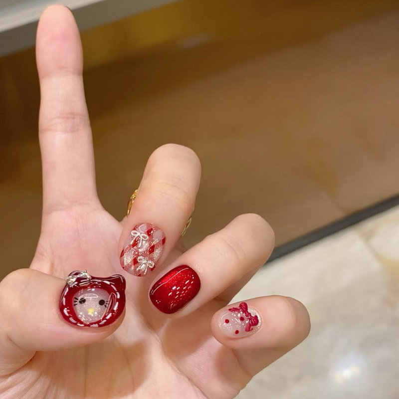 【小红帽kitty】立体萌宠戴帽凯蒂手工甜妹酷萌小众蝴蝶结美甲贴,淘宝优惠券,粉丝福利购,淘宝优惠卷