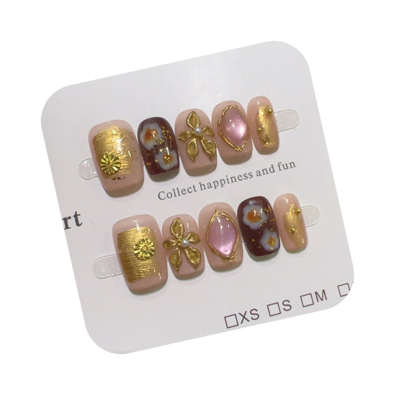 【富贵花】金属感雕花茶棕底鎏金纹理指甲立体花饰轻奢穿戴甲贴片,淘宝优惠券,粉丝福利购,淘宝优惠卷