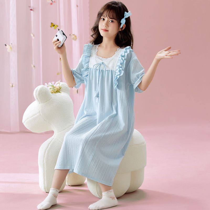 甜美风女童睡裙2026新款夏季纯棉短袖荷叶边中大童家居服睡衣裙,淘宝优惠券,粉丝福利购,淘宝优惠卷