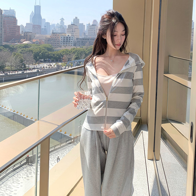 Boamarket条纹帽衫 灰色休闲运动裤女卫衣两件套减龄时尚连帽显瘦,淘宝优惠券,粉丝福利购,淘宝优惠卷