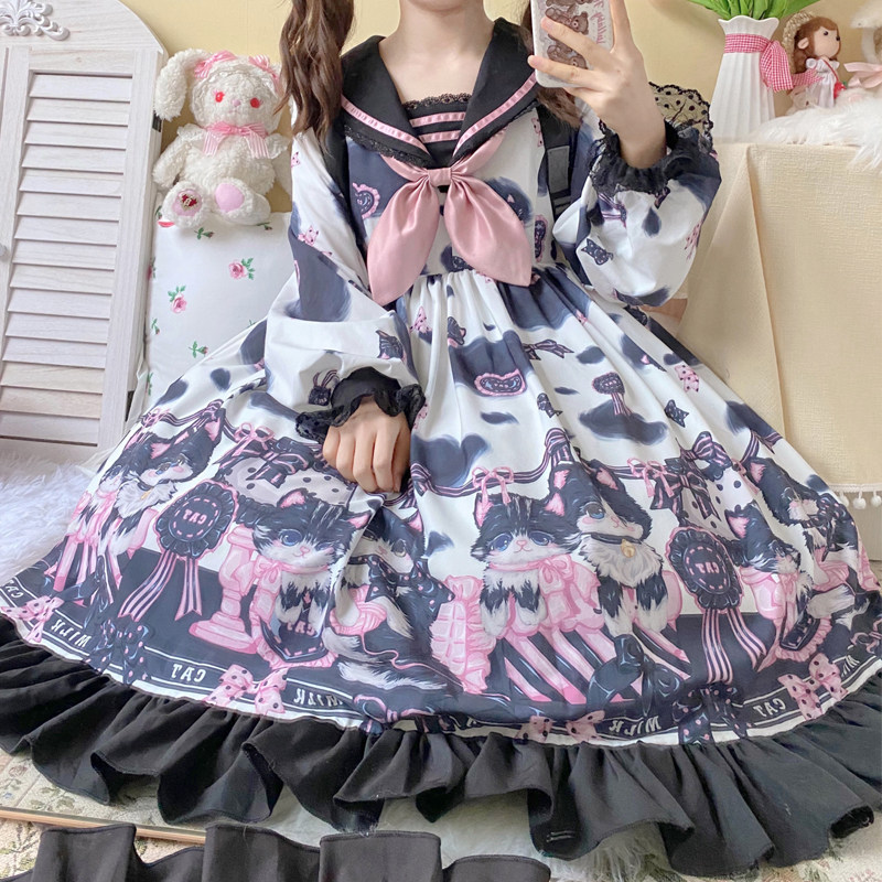 【奶牛猫】韩菇凉~现货原创设计Lolita洋装甜妹op长袖连衣裙夏季_虎窝淘
