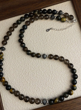 S925纯银天然冰曜石虎眼石项链韩国ins小众设计感复古高级简约潮