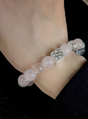 S925银天然粉晶白水晶手工锤纹银方块手链小众设计风释放独特魅力