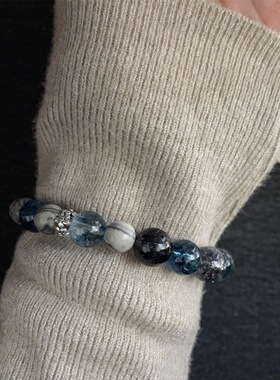 S925银天然地图石蓝色幽灵水晶拉丝银块手链小众简约日常通勤百搭