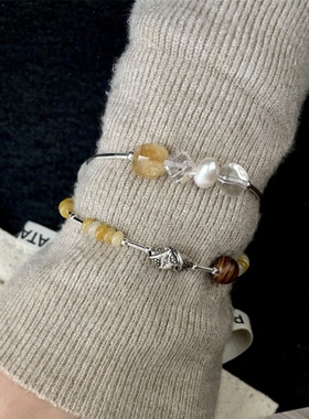 S925银手工银天然黄塔晶珍珠白水晶黄玉檀木银管手链套装极简风格