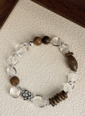 S925纯银天然沉香木檀木奥地利k9白水晶手链小众中式美学质感十足