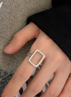 S925银韩版东大门ins风方形镂空戒指气质百搭复古指环时尚百搭潮