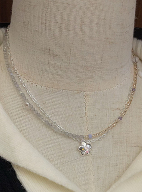 S925银天然闪光石小清新风格拉丝月亮小花项链韩风搭配甜酷少女风