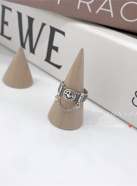 S925银ins风笑脸链条戒指韩版东大门休闲百搭个性十足指环时尚潮