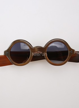 印度牛角眼镜架三颗铆钉饰手工打磨圆边框放射渐宽直腿墨镜太阳镜