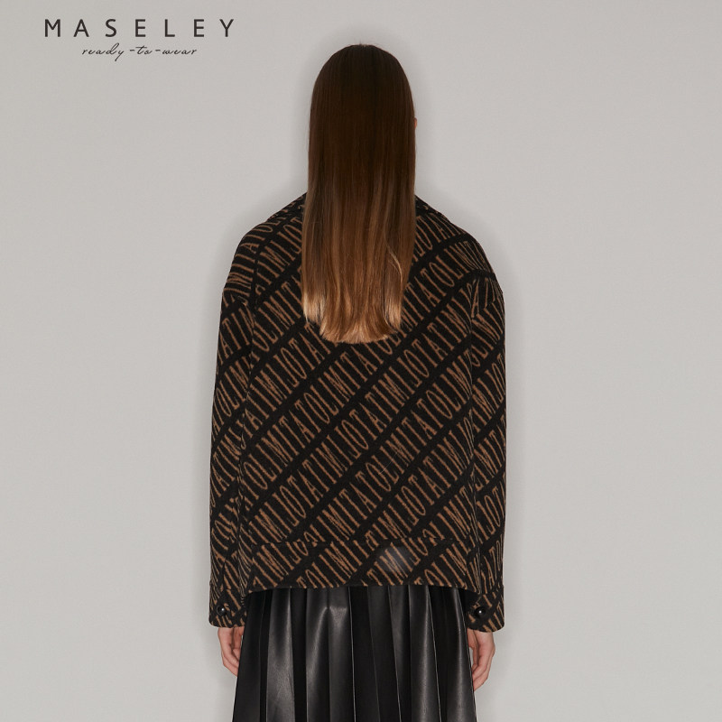 Maseley/玛塞莉热销冬季新款女装时尚直筒气质印花短款毛呢大衣