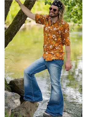 高腰复古男士牛仔喇叭裤