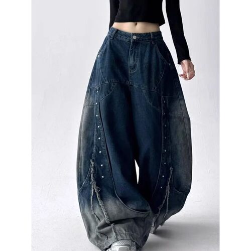 美式复古拼接女夏季宽松牛仔裤 Retro Patchwork Loose Jeans - 图3