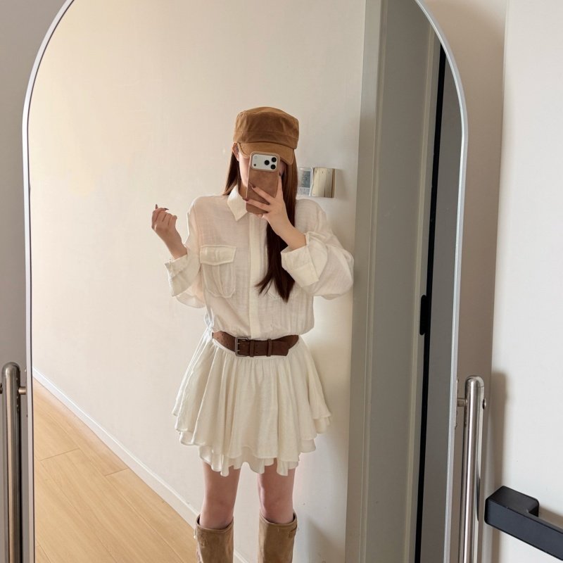 韩系小众极简温柔通勤风白色衬衫短裙新款时尚翻领连衣裙＋腰带,淘宝优惠券,粉丝福利购,淘宝优惠卷