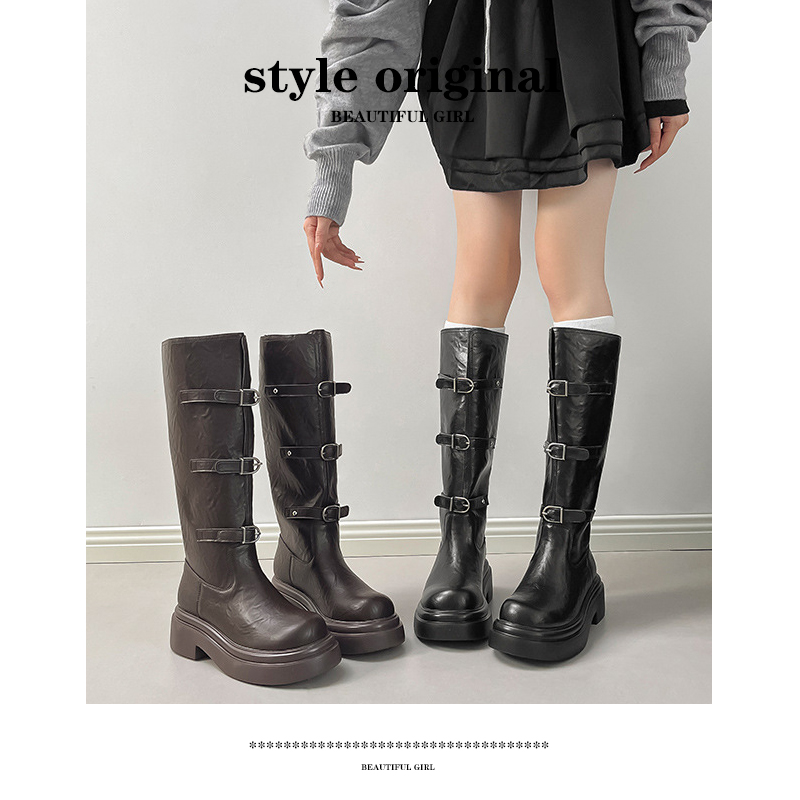 苏茵茵同款超模靴~6cm厚底高筒皮带扣长靴骑士靴复古粗跟女靴秋冬 - 图2