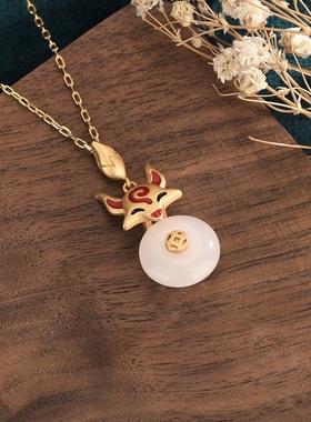 中国风古装汉服项饰冷珐琅工艺小狐狸平安扣复古仿和田玉项链女