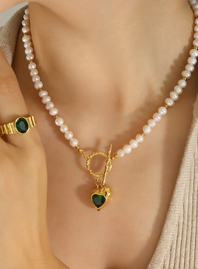 奇特设计感时尚潮流OT扣桃心锆石吊坠项链天然淡水珍珠链轻奢首饰