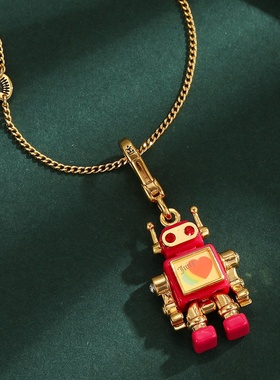 跨境轻奢印花字母爱心可活动小机器人吊坠项链设计感挂件钥匙扣女