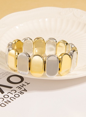 欧美潮流街拍个性简约螺旋纹蛇方块拼接手链时尚弹力线手镯