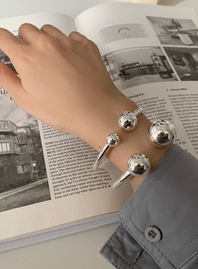 极简风纯银实心双球手镯女开口小众设计冷淡风手工手饰品大小款