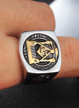 欧美潮流戒指男复古宽版共济会食指戒个性潮男钛钢霸气单身气指环