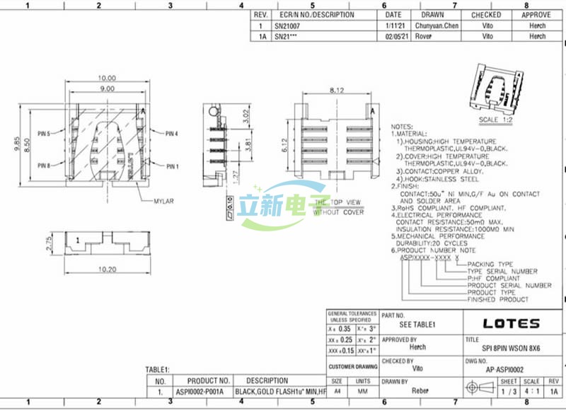 LOTES ASPI0002 BIOS座子FLASH烧录座SPI 8P WSON 8X6窄体测试座 - 图2