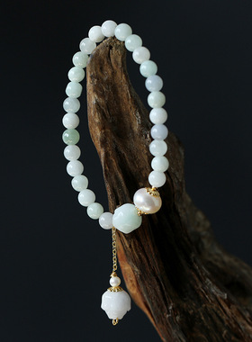 原创天然淡水珍珠面翡翠莲花手链 14k包金女情人节礼物玉石手饰