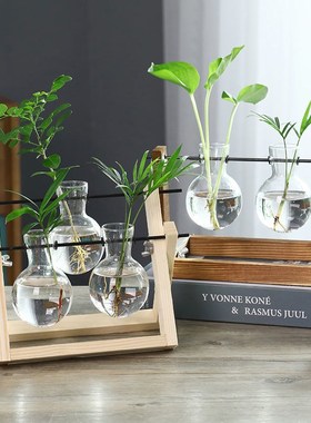 创意木架水培植物玻璃花瓶桌面装饰品办公室摆件水养绿萝插花容器